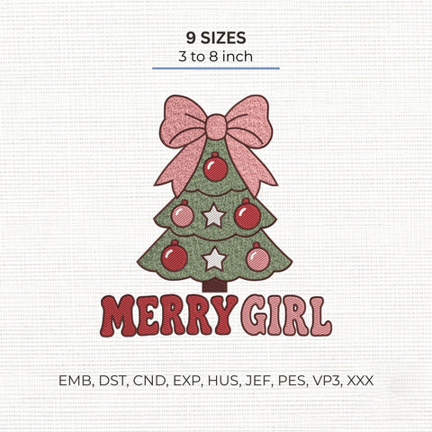 Merry Girl Christmas Embroidery Design – Pink Bow Christmas Tree Coquette Holiday Machine Embroidery File Embroidery/Applique DESIGNS PatternFeed8 