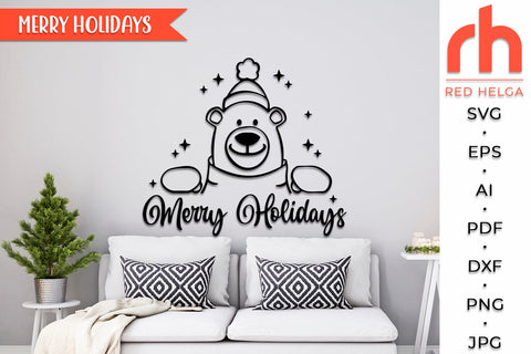 Merry Holidays SVG, Peeping Polar Bear DXF, Christmas Scene Cut File, Xmas Window Decor, Holiday Design Vector, Winter Theme, Bear Outline SVG RedHelgaArt 