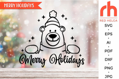 Merry Holidays SVG, Peeping Polar Bear DXF, Christmas Scene Cut File, Xmas Window Decor, Holiday Design Vector, Winter Theme, Bear Outline SVG RedHelgaArt 