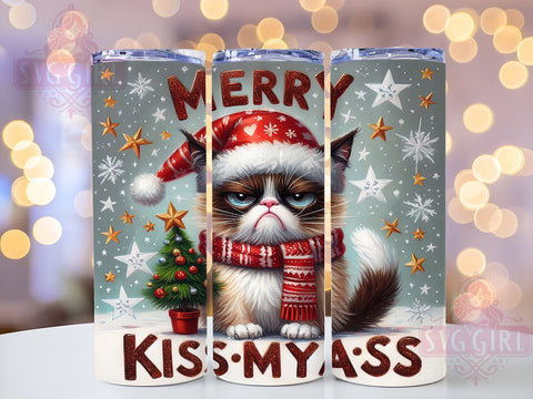 Merry Kissmyass, Sarcastic Cat, Tumbler Wrap, 20 oz Tumbler, PNG Sublimation, Funny Christmas, Holiday Humor, Sassy Cat Sublimation SvggirlplusArt 