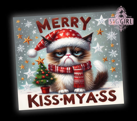 Merry Kissmyass, Sarcastic Cat, Tumbler Wrap, 20 oz Tumbler, PNG Sublimation, Funny Christmas, Holiday Humor, Sassy Cat Sublimation SvggirlplusArt 