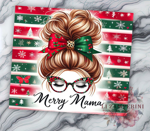 Merry Mama Tumbler, Christmas Mama Gift, Messy Bun Design, 20oz Sublimation Wrap, Holiday Drinkware, Mom Life Tumbler, Festive Mama Decor Sublimation Li Zamperini 