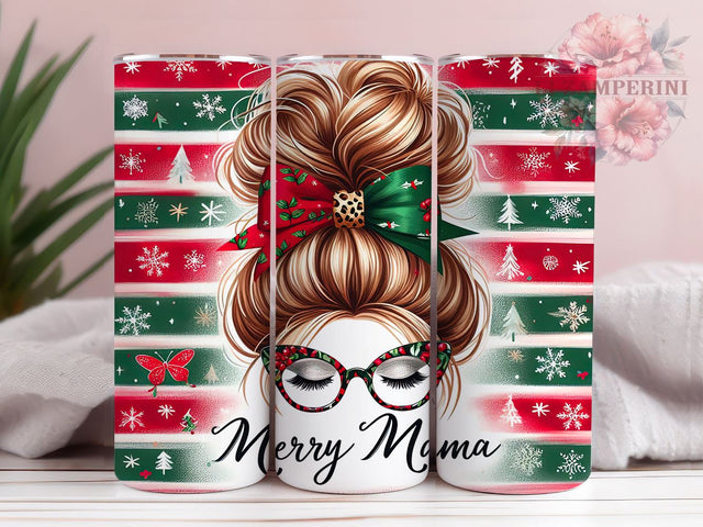 Merry Mama Tumbler, Christmas Mama Gift, Messy Bun Design, 20oz Sublimation Wrap, Holiday Drinkware, Mom Life Tumbler, Festive Mama Decor Sublimation Li Zamperini 