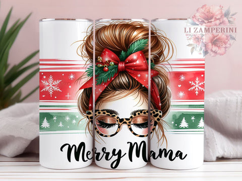 Merry Mama Tumbler, Christmas Mama Gift, Messy Bun Design, 20oz Sublimation Wrap, Holiday Drinkware, Mom Life Tumbler, Festive Mama Decor Sublimation Li Zamperini 
