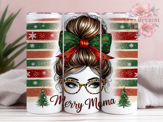 Merry Mama Tumbler, Christmas Mama Gift, Messy Bun Design, 20oz Sublimation Wrap, Holiday Drinkware, Mom Life Tumbler, Festive Mama Decor Sublimation Li Zamperini 