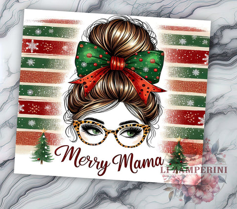 Merry Mama Tumbler, Christmas Mama Gift, Messy Bun Design, 20oz Sublimation Wrap, Holiday Drinkware, Mom Life Tumbler, Festive Mama Decor Sublimation Li Zamperini 