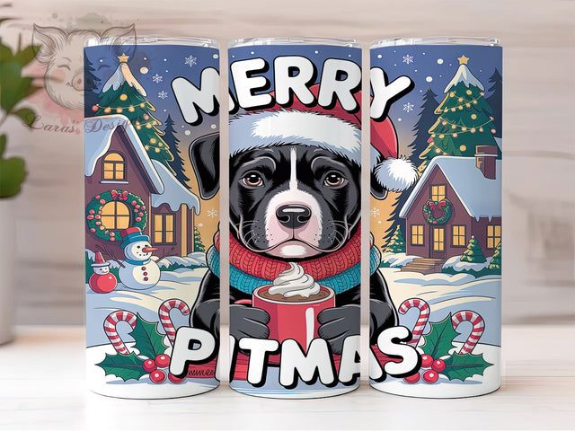 Merry Pitmas Pitbull Tumbler, Merry Pitmas Wrap, Dog Lover Holiday Sublimation, Festive Pitbull Cup, 20Oz Skinny Tumbler Wrap, Funny Pet Mug, Christmas Bully Breed Design Sublimation Lara' s Designs 
