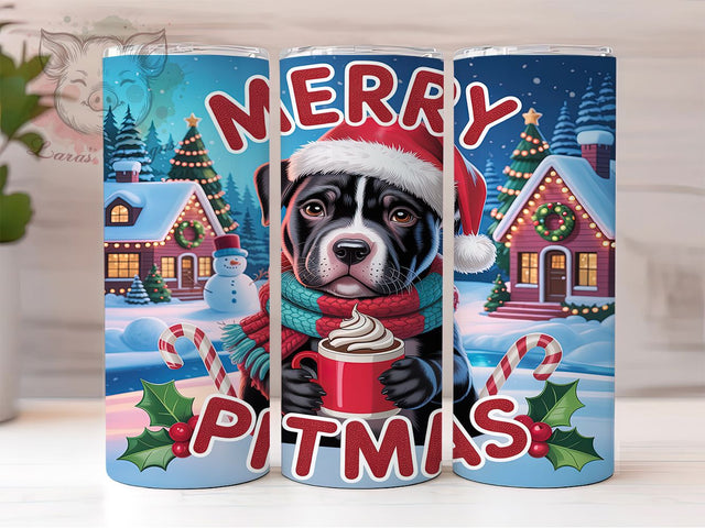 Merry Pitmas Pitbull Tumbler, Merry Pitmas Wrap, Dog Lover Holiday Sublimation, Festive Pitbull Cup, 20Oz Skinny Tumbler Wrap, Funny Pet Mug, Christmas Bully Breed Design Sublimation Lara' s Designs 