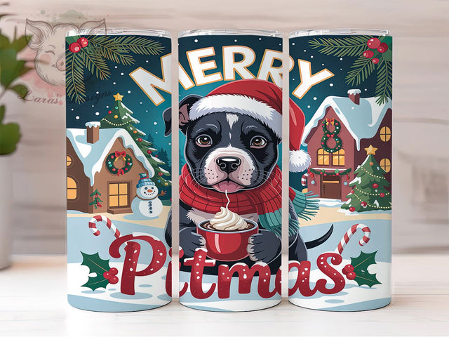 Merry Pitmas Pitbull Tumbler, Merry Pitmas Wrap, Dog Lover Holiday Sublimation, Festive Pitbull Cup, 20Oz Skinny Tumbler Wrap, Funny Pet Mug, Christmas Bully Breed Design Sublimation Lara' s Designs 