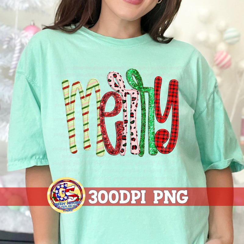 Merry Red Green Faux Embroidery Sequins Applique PNG Sublimation Greedy Stitches 