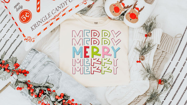 Merry Stacked Retro Christmas PNG, Colorful Christmas Sublimation, Pastel Merry PNG Sublimation So Fontsy VIP Design Shop 