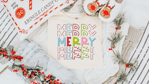 Merry Stacked Retro Christmas PNG, Colorful Christmas Sublimation, Pastel Merry PNG Sublimation So Fontsy VIP Design Shop 