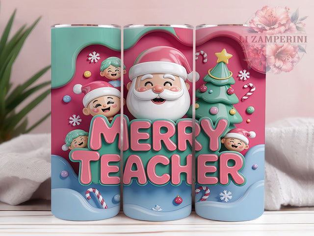 Merry Teacher 3D Christmas Tumbler, 3D Christmas Wrap, Inflated Holiday Sublimation Design, Festive Teacher Cup, 20Oz Skinny Tumbler Wrap, Christmas Classroom Mug, Cute Holiday Teacher Design Sublimation Li Zamperini 