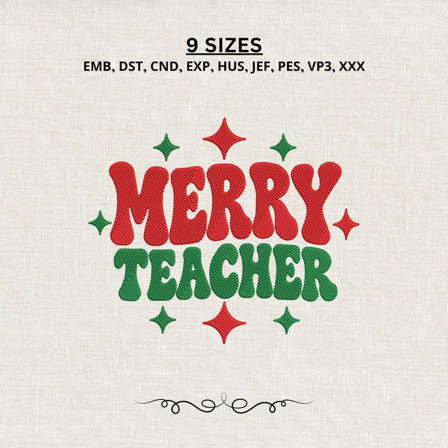 Merry Teacher Christmas Embroidery Design – Retro Teacher Holiday Machine Embroidery File Embroidery/Applique DESIGNS PatternFeed8 
