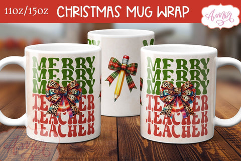 Merry teacher mug wrap PNG | Christmas coffee mug PNG Sublimation Amorclipart 