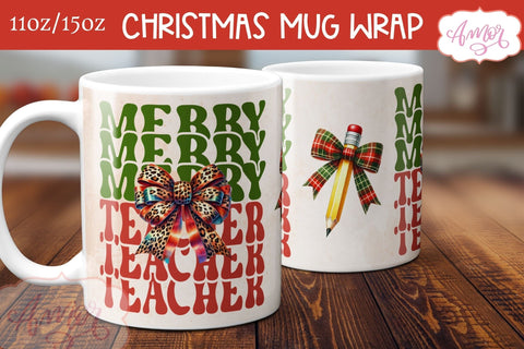 Merry teacher mug wrap PNG | Christmas coffee mug PNG Sublimation Amorclipart 