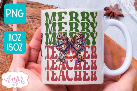 Merry teacher mug wrap PNG | Christmas coffee mug PNG Sublimation Amorclipart 