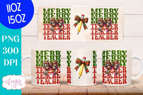 Merry teacher mug wrap PNG | Christmas coffee mug PNG Sublimation Amorclipart 