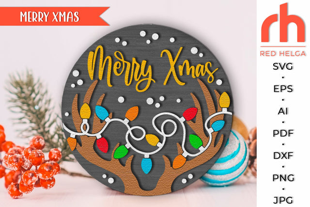 Merry Xmas SVG, Christmas Door Sign Cut File, Deer Antlers SVG RedHelgaArt 