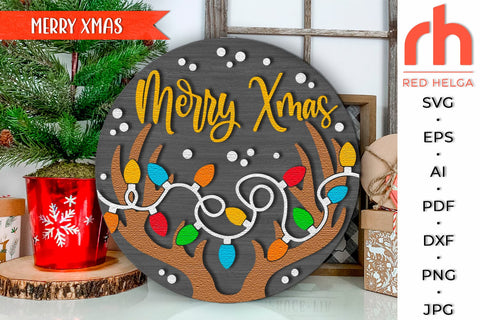 Merry Xmas SVG, Christmas Door Sign Cut File, Deer Antlers SVG RedHelgaArt 