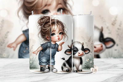 Messy Bun Girl With Cow Seamless Tumbler Wrap PNG Sublimation BijouBay 