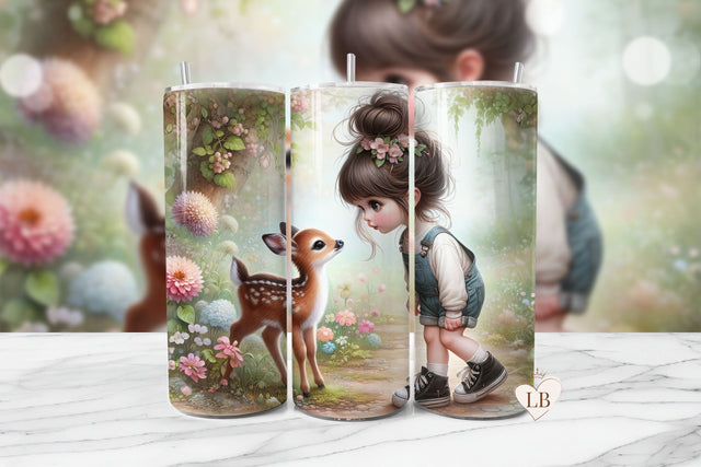 Messy Bun Girl With Deer Seamless Tumbler Wrap PNG Sublimation BijouBay 