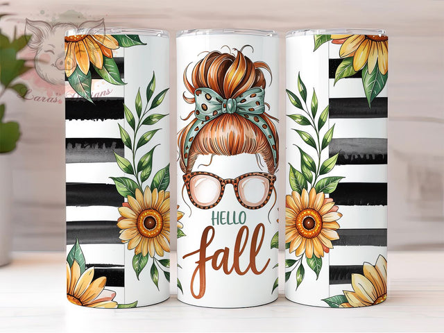 Messy Bun Hello Fall Tumbler Wrap, Messy Bun Wrap, 20oz Sublimation, Autumn Girl Cup, Fall Hair Mug, Cozy Fall Tumbler, Pumpkin Season Drinkware Sublimation Lara' s Designs 