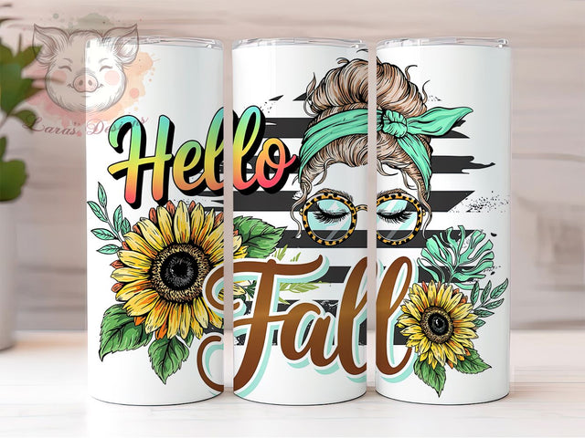 Messy Bun Hello Fall Tumbler Wrap, Messy Bun Wrap, 20oz Sublimation, Autumn Girl Cup, Fall Hair Mug, Cozy Fall Tumbler, Pumpkin Season Drinkware Sublimation Lara' s Designs 