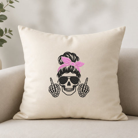 Messy Bun Skull Mom Embroidery Design – Pink Bow Skeleton Middle Finger Machine Embroidery File Embroidery/Applique DESIGNS PatternFeed8 