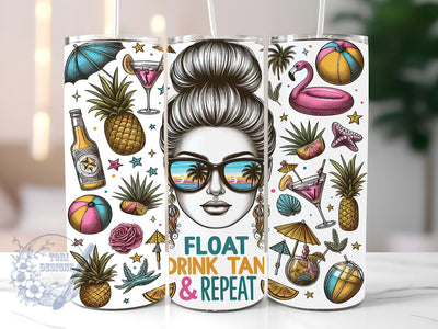 Messy Bun Summer 20oz Skinny Tumbler, Float Drink Tan Repeat Tumbler Png, Straight & Tapered Tumbler Wrap, Instant Digital Download Sublimation ToriDesigns 