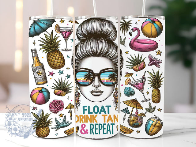 Messy Bun Summer 20oz Skinny Tumbler, Float Drink Tan Repeat Tumbler Png, Straight & Tapered Tumbler Wrap, Instant Digital Download Sublimation ToriDesigns 