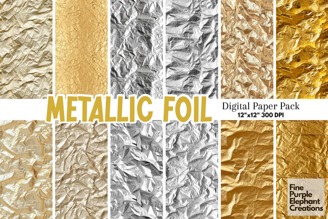 Metallic Foil Textures Digital Paper | Wrinkled Gold Silver Metal Background Digital Pattern Fine Purple Elephant Creations 