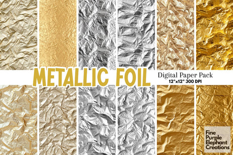 Metallic Foil Textures Digital Paper | Wrinkled Gold Silver Metal Background Digital Pattern Fine Purple Elephant Creations 