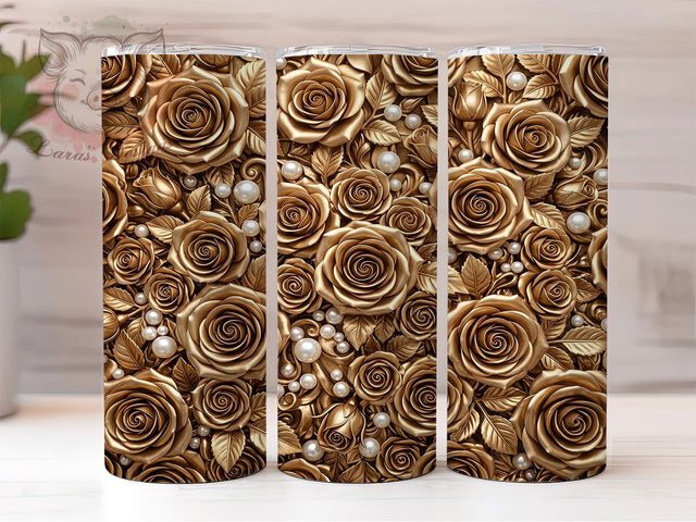 Metallic Gold Roses Pearls 20oz Tumbler, Metallic Gold Roses, Gold Roses Pearls, Roses Pearls, Gold Rose Tumbler, Pearl Tumbler, 20oz Tumbler, Tumbler Wrap Sublimation Lara' s Designs 