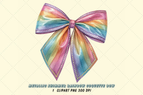 Metallic Shimmer Rainbow Coquette Bow Clipart with Shimmer, metallic rainbow bow, shimmering coquette bow, luxurious bow design, rainbow clipart art, digital bow design, metallic shimmer design Sublimation FloridPrintables 
