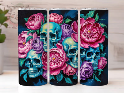 Metallic Skulls Floral Dark 20oz Tumbler Wrap, Turquoise Skull, Pink Flowers, Dark Background, Skull Floral Design, 20oz Tumbler Wrap, Sublimation PNG Sublimation Lara' s Designs 