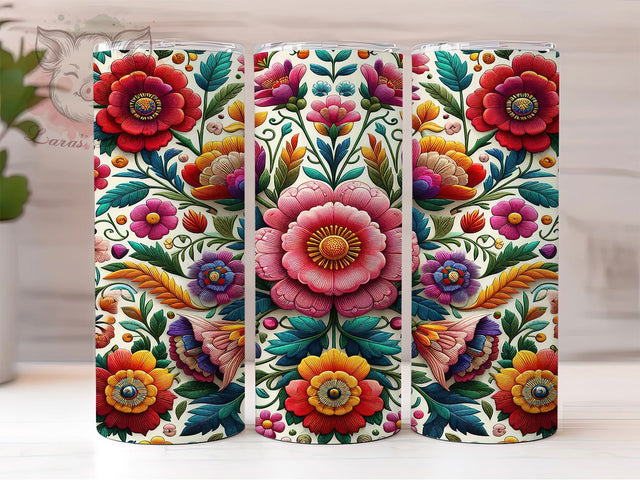 Mexican Floral Embroidery Tumbler, Floral Embroidery Tumbler, 20Oz Sublimation, Mexican Folk Art Printable, Boho Embroidery Flowers, Colorful Mexican Design, Traditional Floral Wrap Sublimation Lara' s Designs 