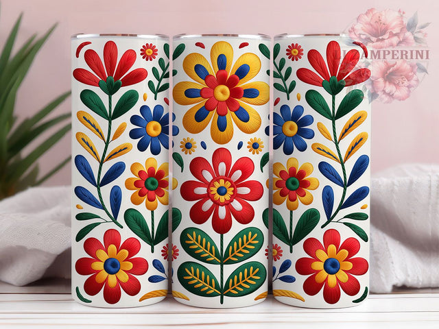 Mexican Folk Embroidery Tumbler, Faux Stitch, Floral Pattern, Folk Art Style, Vibrant Design, 20Oz Tumbler, Sublimation Wrap Sublimation Li Zamperini 