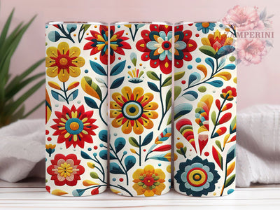 Mexican Folk Embroidery Tumbler, Faux Stitch, Floral Pattern, Folk Art Style, Vibrant Design, 20Oz Tumbler, Sublimation Wrap Sublimation Li Zamperini 