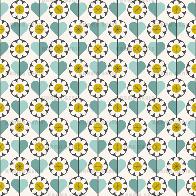 Mid Century Blue And Yellow Retro Floral Pattern Digital Paper Digital Pattern Karma Genie Graphics 