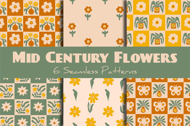 Mid Century Flowers Seamless Patterns Digital Pattern Rin Green 