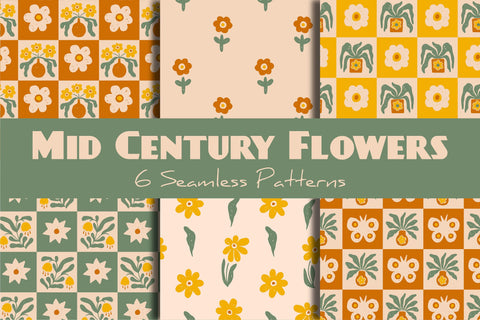 Mid Century Flowers Seamless Patterns Digital Pattern Rin Green 