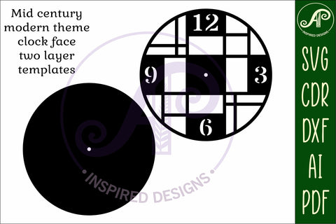 Mid century modern clock wall clock laser cut design 2 SVG APInspireddesigns 