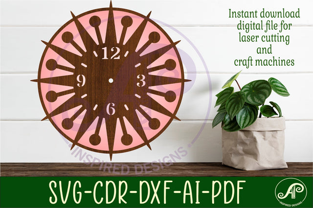 Mid century modern clock wall clock laser cut design 3 SVG APInspireddesigns 