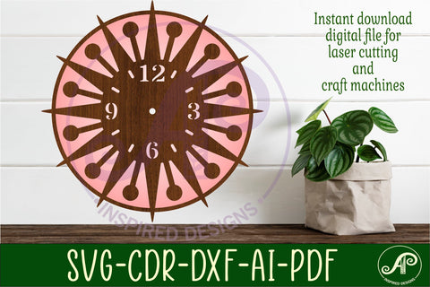 Mid century modern clock wall clock laser cut design 3 SVG APInspireddesigns 