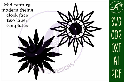 Mid century modern clock wall clock laser cut design 4 SVG APInspireddesigns 