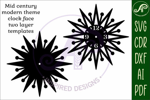 Mid century modern clock wall clock laser cut design 5 SVG APInspireddesigns 