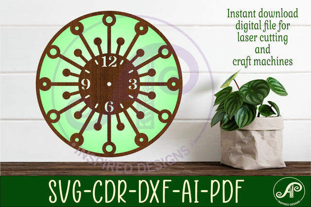 Mid century modern clock wall laser cut design 1 SVG APInspireddesigns 