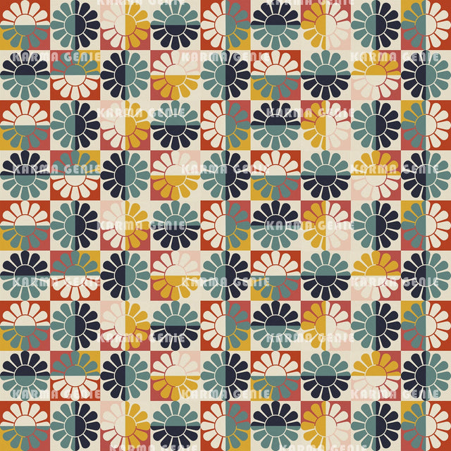Mid Century Retro Modern Colored Daisy Flowers Pattern Digital Paper Digital Pattern Karma Genie Graphics 