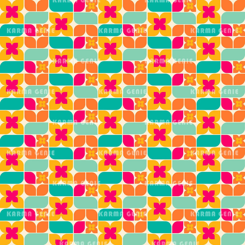 Mid Century Retro Modern Colorful Abstract Flowers And Leaves Pattern Digital Paper Digital Pattern Karma Genie Graphics 